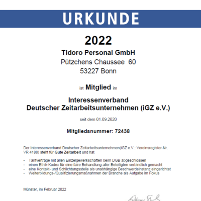 IGZ Mitgliedsurkunde 2022 Bonn
